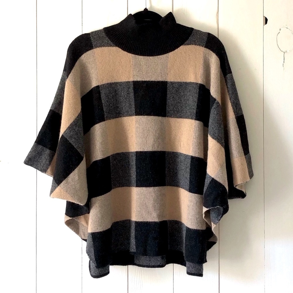 NWT Note Di Anita Cashmere Merino Wool Blend Plaid Turtleneck Poncho Italy